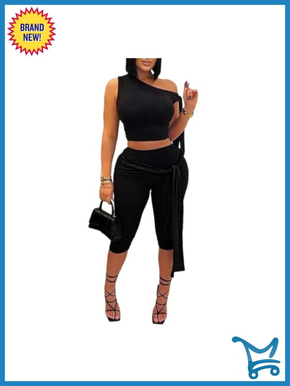 Women 2 Piece Outfit One Shoulder Crop Top Capri Pant Set Polyester